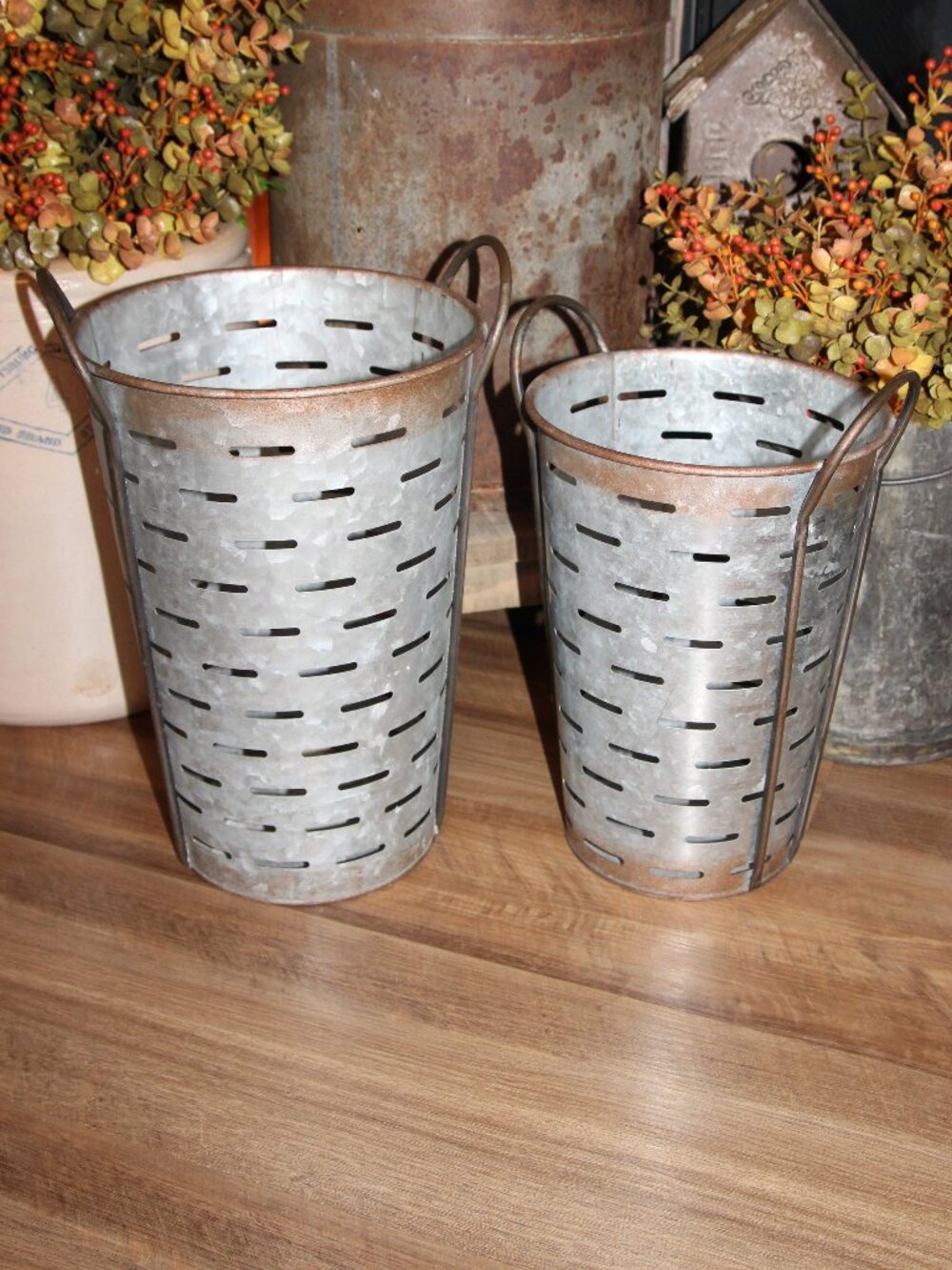 Pair of Large Rustic French Country Farmhouse Metal Olive Buckets Pails